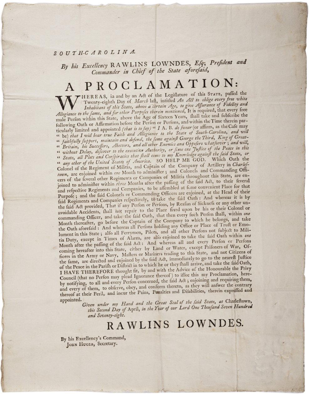 Loyaliteitseed om de onafhankelijkheid van South Carolina te beschermen, 2 april 1778 door American School