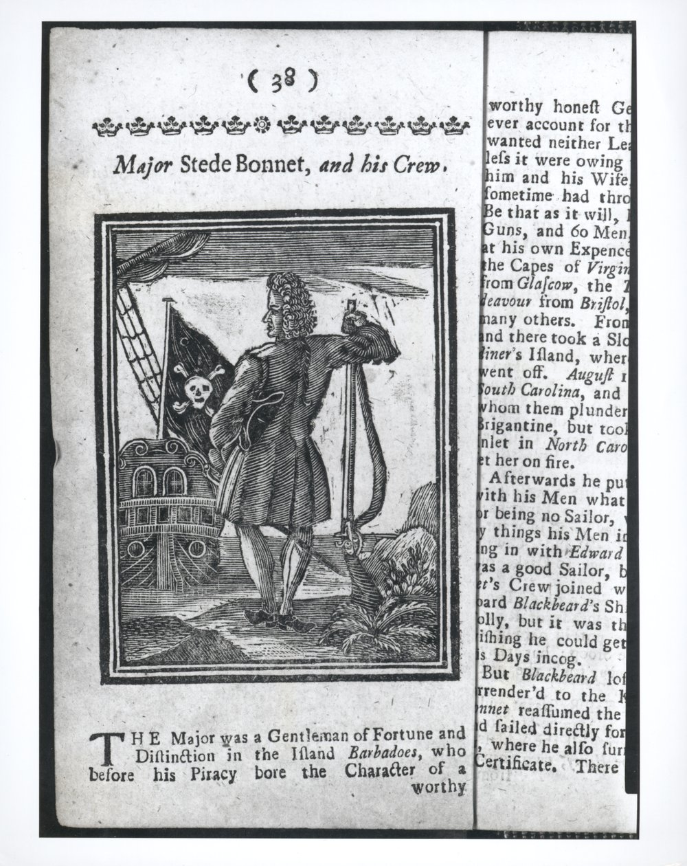 Majoor Stepe Bonnet, pagina 38 uit Geschiedenis en levens van alle beruchtste piraten en hun bemanningen, Londen, 1725 door American School