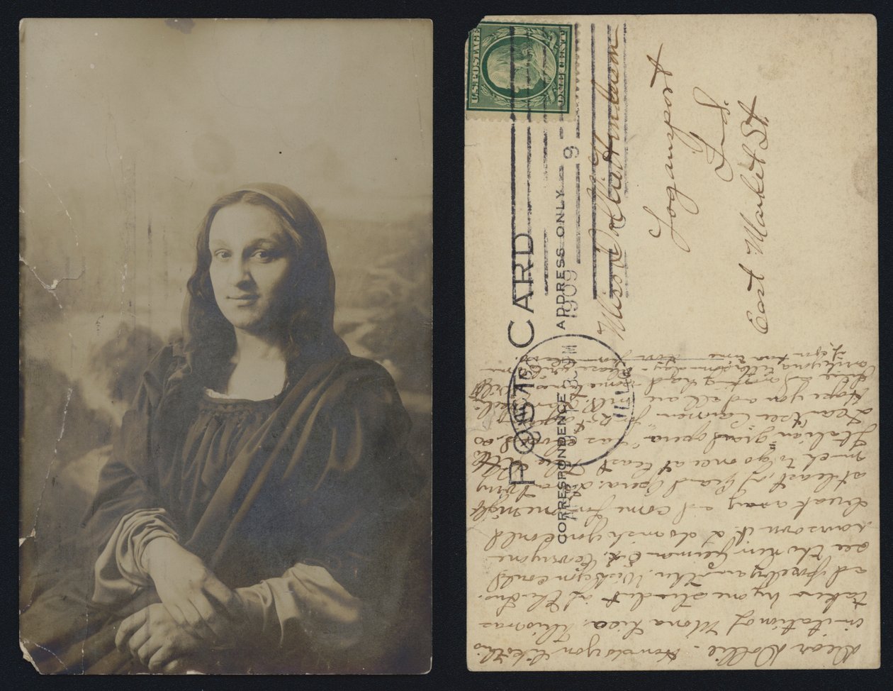Mannelijke Mona Lisa ansichtkaart verzonden in de VS door American School