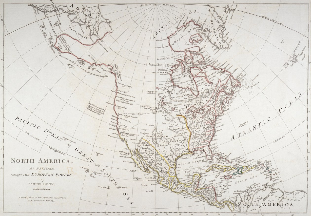 Kaart die Noord-Amerika toont zoals verdeeld door de Europese mogendheden, 1774 door American School
