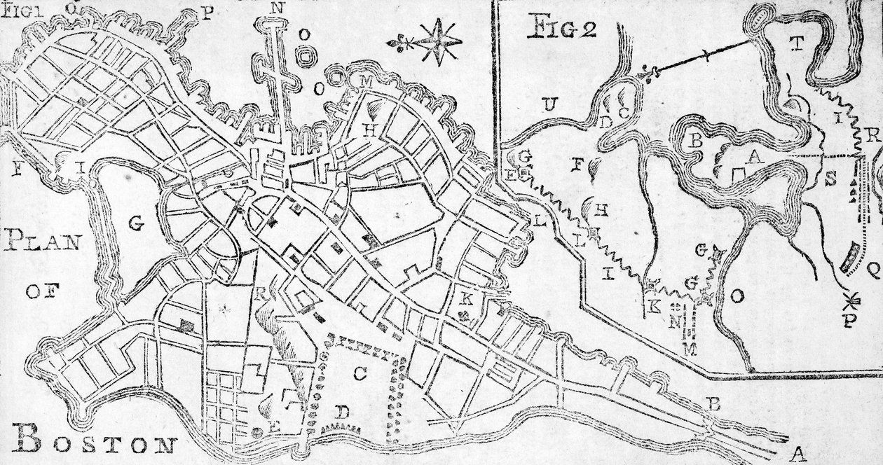 Kaart van Boston, gedrukt in Bickerstaffs Albany Almanack, 1776 door American School