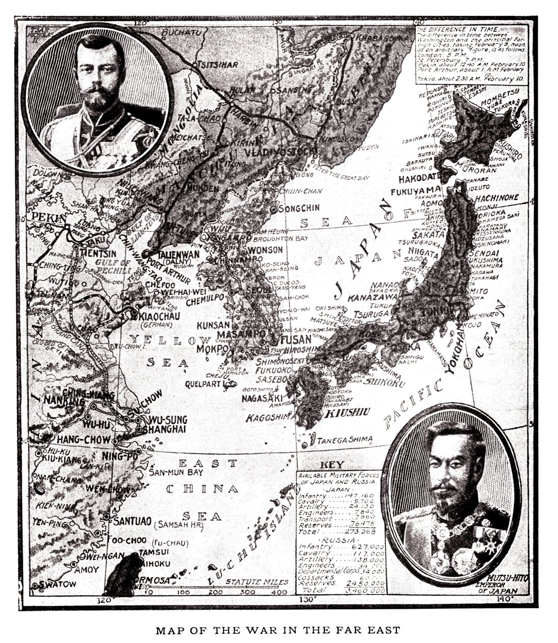 Kaart van oostelijk Rusland, Korea en Japan tijdens het Japans-Russische conflict (1904-1905). In medaillon, Tsaar Nicolaas II van Rusland (1868-1918) en Keizer Meiji van Japan (1852-1912). Illustratie, in 