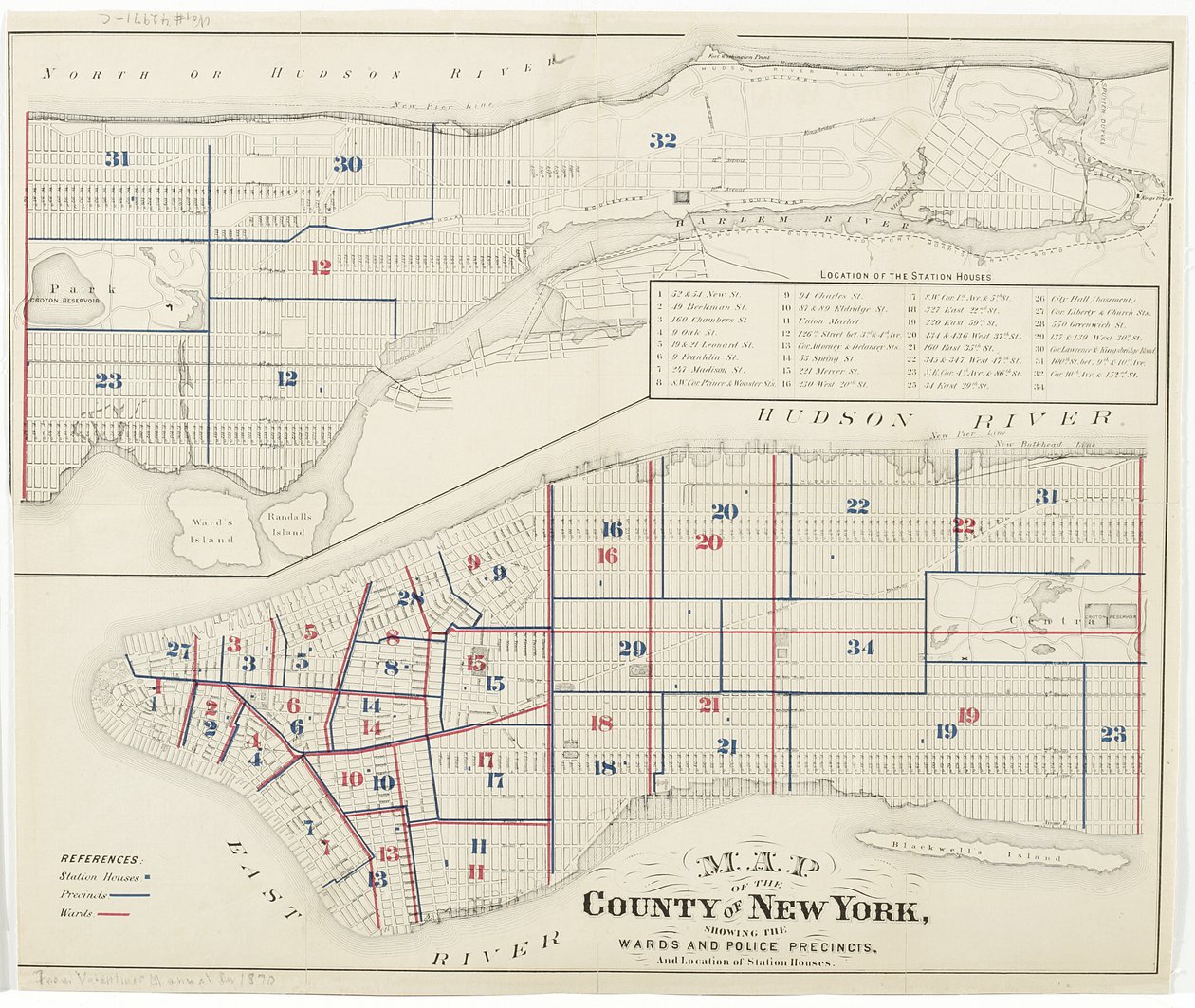 Kaart van de County of New York, met de Wijken en Politieprecincten, en Locatie van Politiebureaus., 1870 door American School