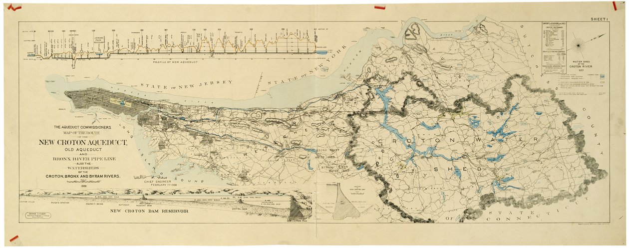 Kaart van het nieuwe Croton Aquaduct, oude aquaduct en Bronx River pijpleiding ook de stroomgebieden van de Croton, Bronx door American School