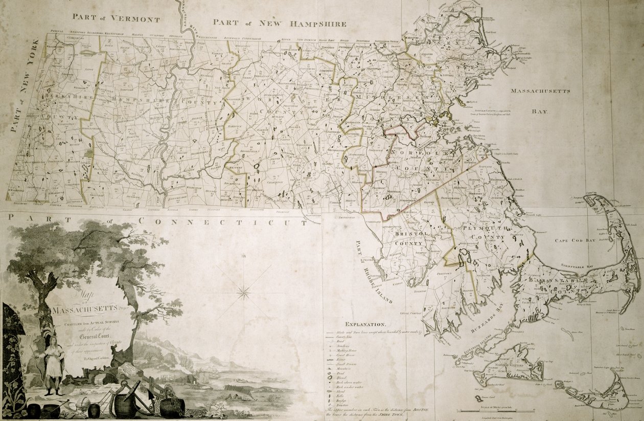 Kaart van de staat Massachusetts, 1801 door American School