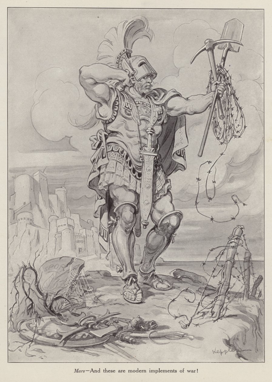 Mars, de Romeinse god van de oorlog met schoppen en prikkeldraad gebruikt in loopgravenoorlog (litho) door American School