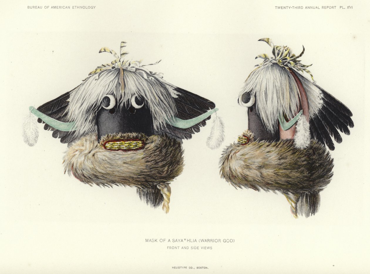 Masker van een Sayathlia (krijgersgod) - voor- en zijaanzicht (kleurenlitho) door American School