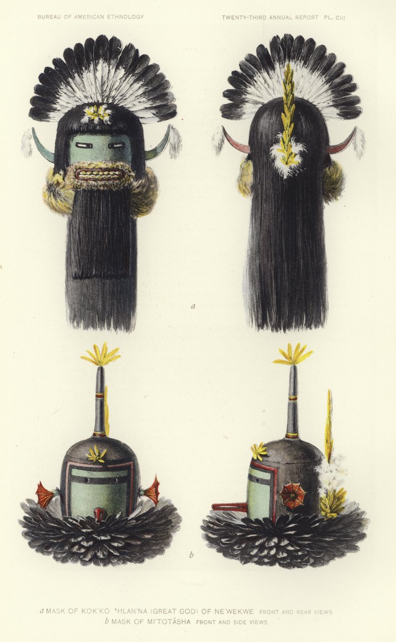 Masker van Kokko Thlanna (grote god) van Newekwe (kleurenlitho) door American School
