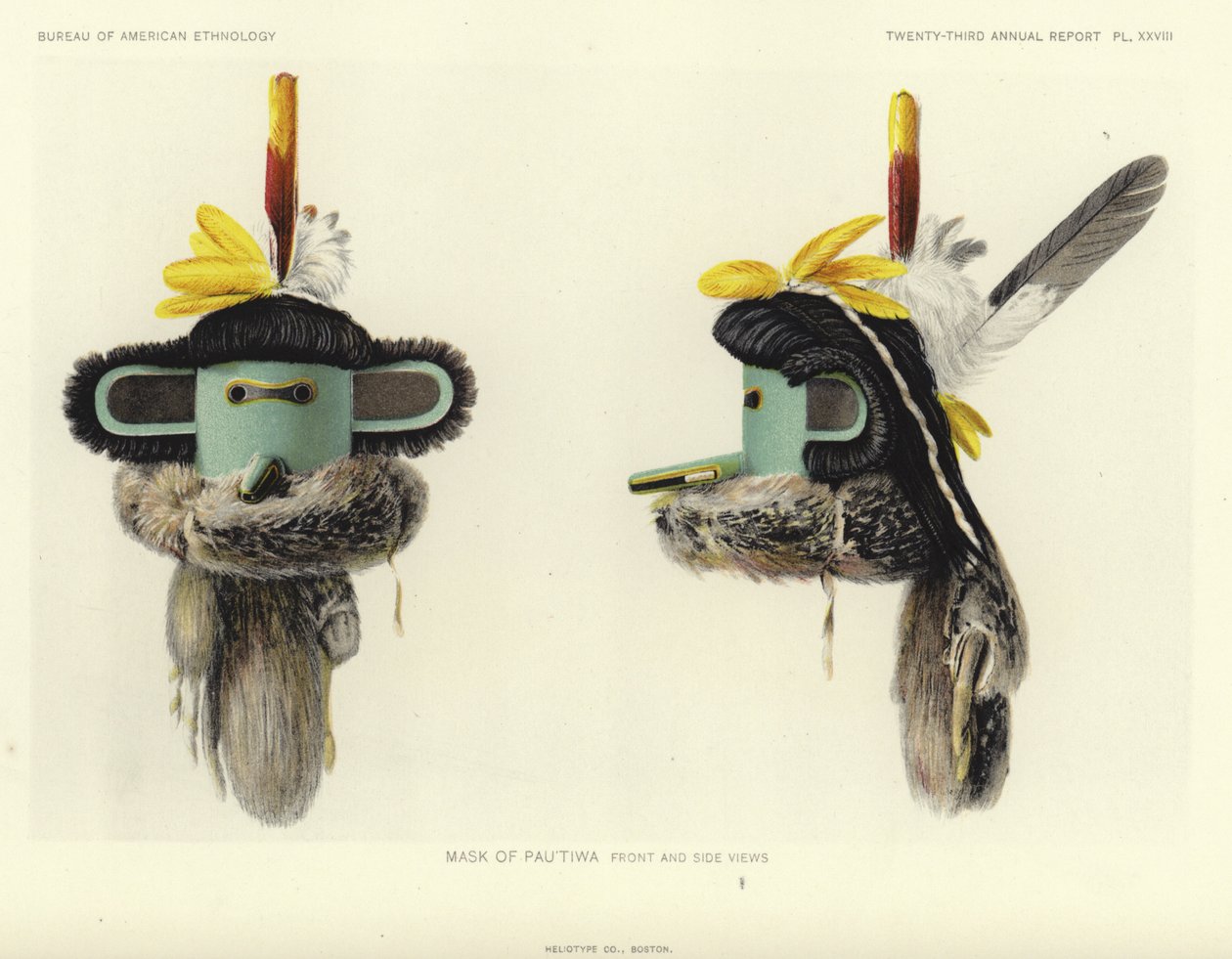 Masker van Pautiwa - voor- en zijaanzicht (kleurenlitho) door American School