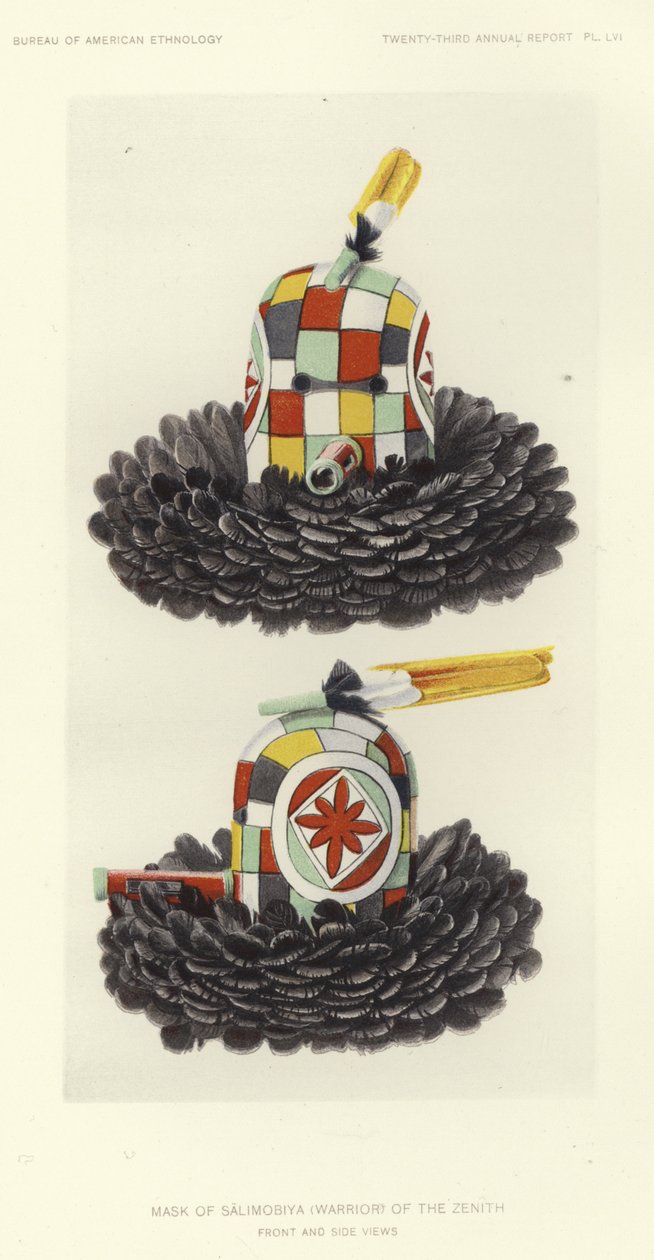 Masker van Salimobiya (krijger) van het zenit - voor- en zijaanzicht (kleurenlitho) door American School