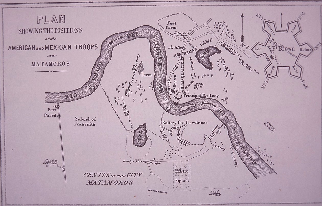 Mexicaans-Amerikaanse Oorlog (1846-48), kaart van Amerikaanse troepen nabij Rio Grande en Matamoros door American School