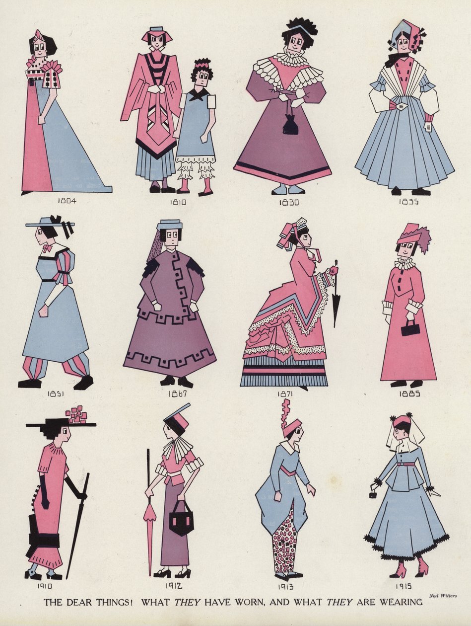 Spottende vrouwenmode door de eeuwen heen (kleurenlitho) door American School