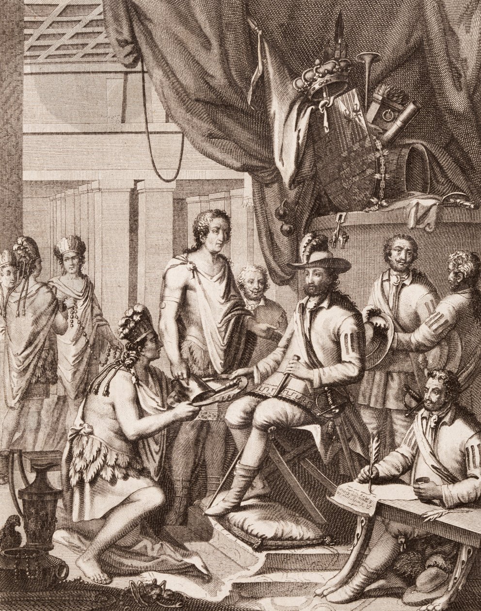 Montezuma draagt zijn rijk over aan de Koning van Spanje, geeft hem een eerbetoon en belooft zijn gehoorzaamheid, uit Antonio de Solis y Rivadeneira Solis Geschiedenis van de Verovering van Mexico, gegraveerd door Ximeno door American School