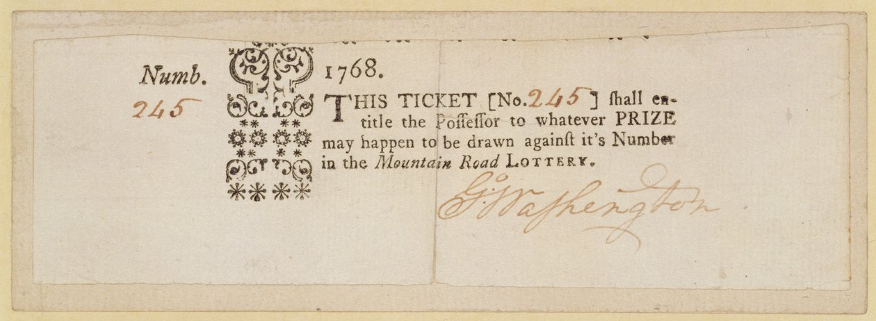 Mountain Road-loterijticket, ondertekend door George Washington (1732-99) 1768 door American School