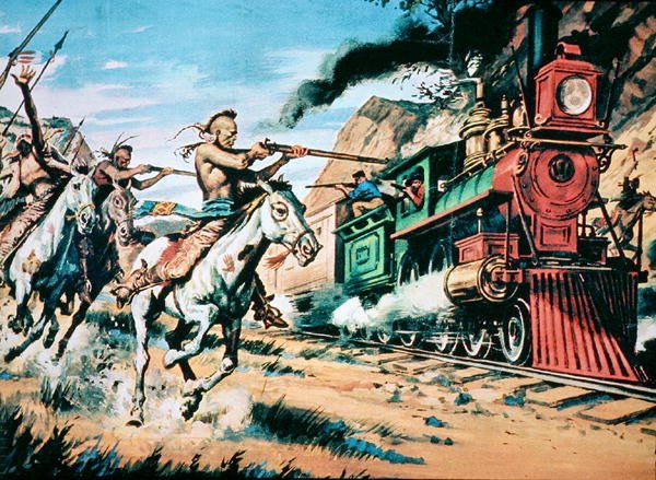 Inheemse Amerikaanse krijgers vallen de binnenvallende 