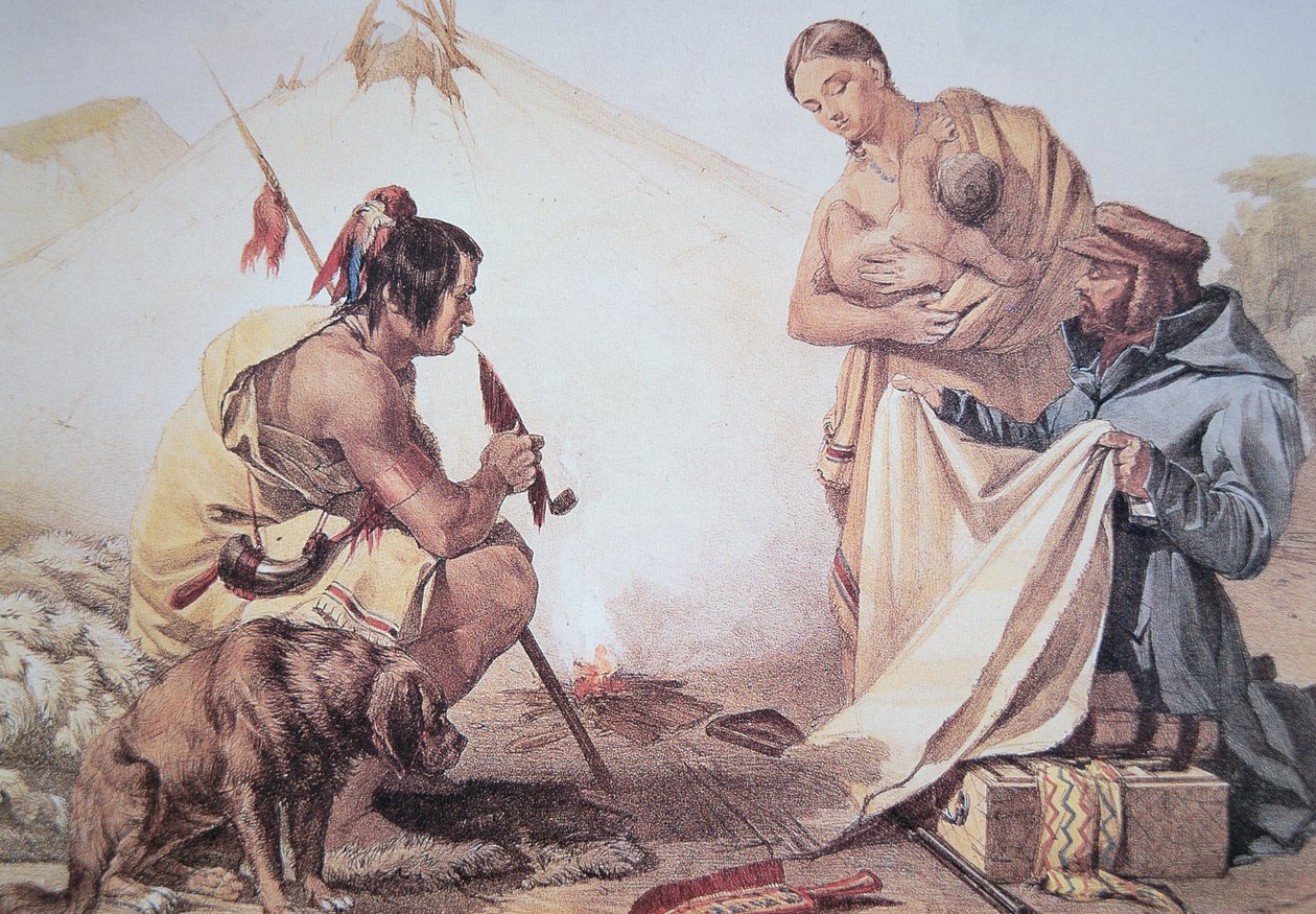 Inheemse Amerikanen ruilen bont (kleur litho) door American School