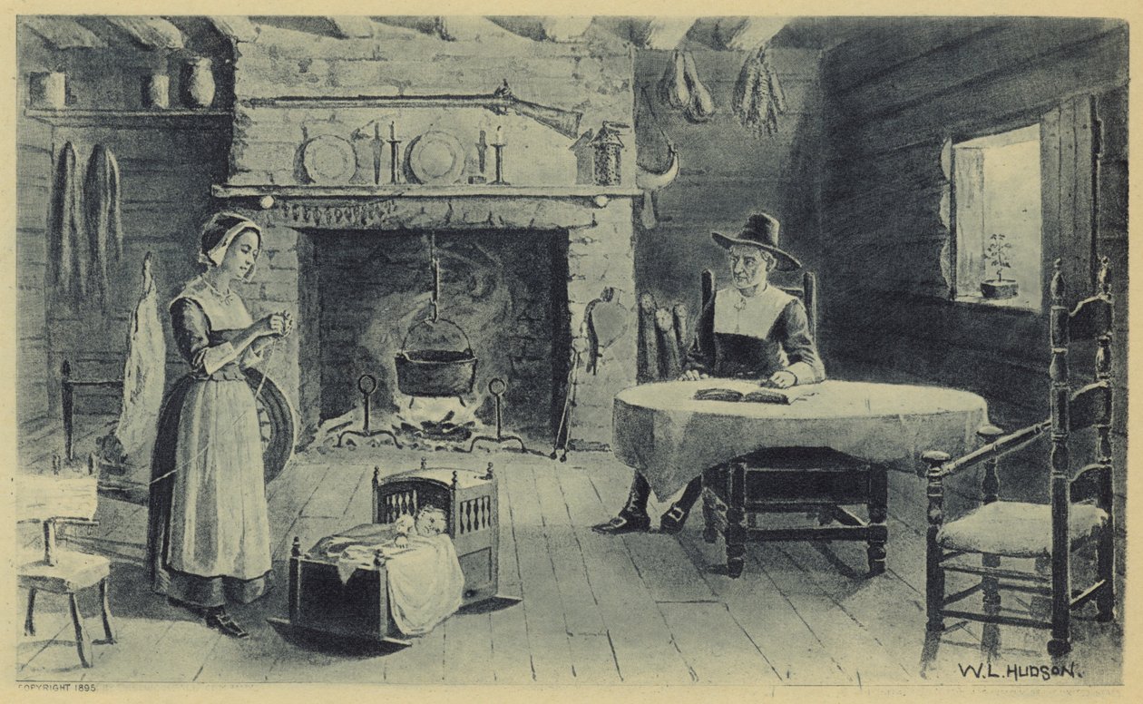 Pioniershuis in New England (litho) door American School
