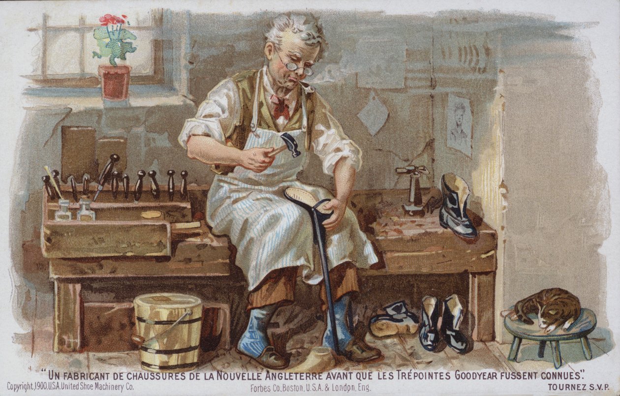 New England schoenmaker uit de tijd voordat de Goodyear welt werd geïntroduceerd (chromolitho) door American School