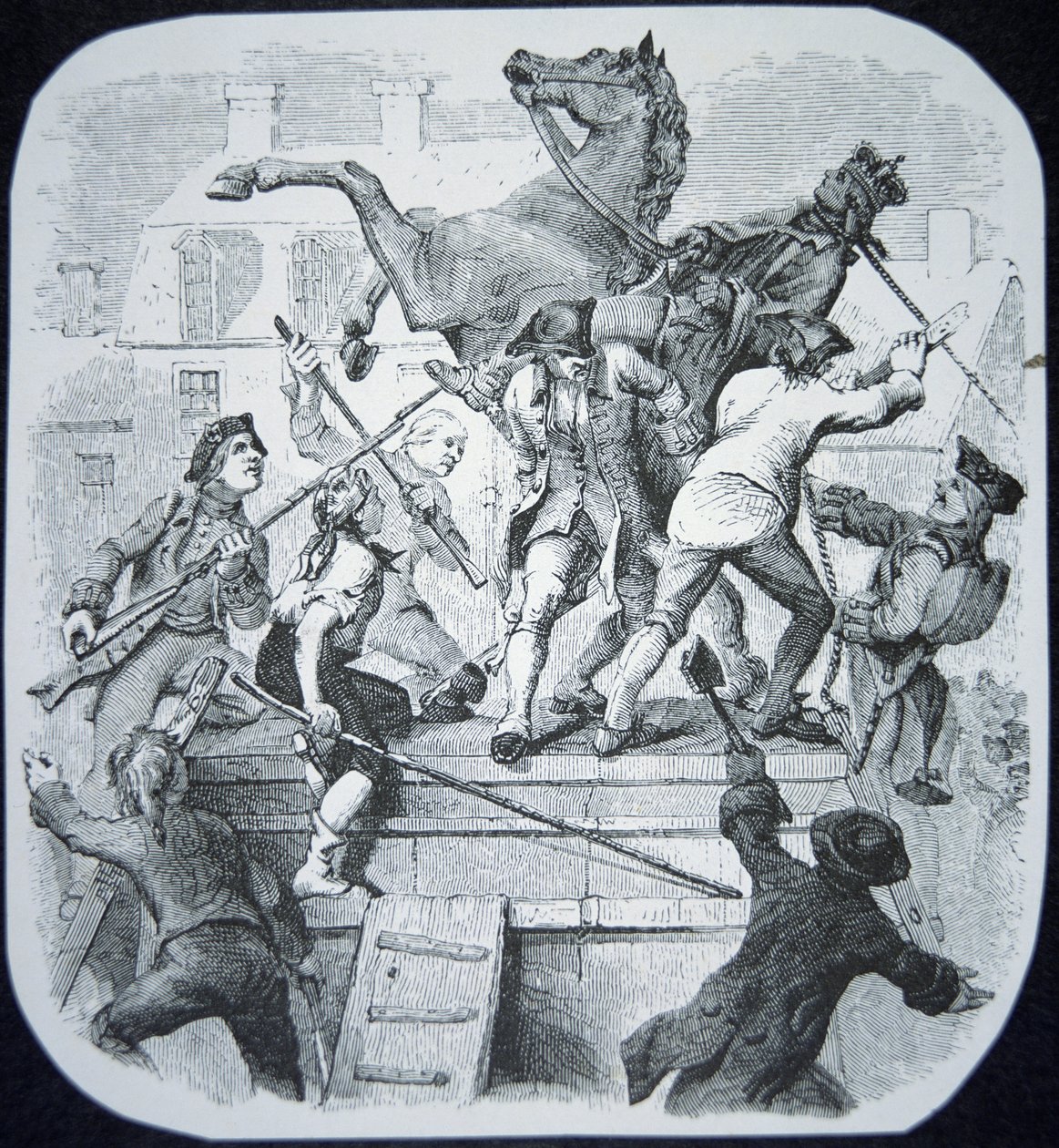 New York rebellen trekken het standbeeld van de gehate George III van Engeland omver door American School
