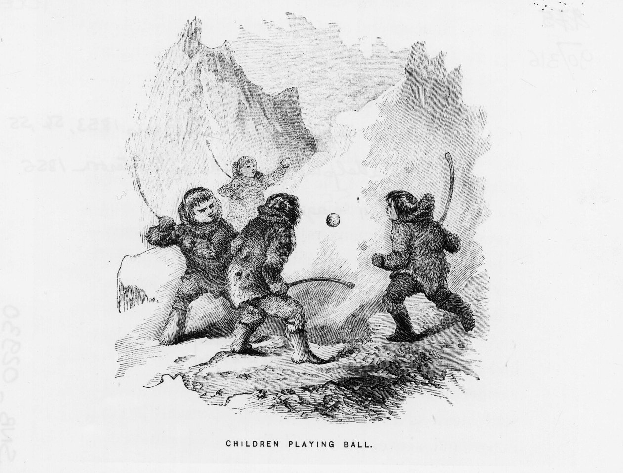 Noordpool: kinderen spelen een balspel op het pakijs - Elisha Kent Kane; Arctische Verkenningen in de jaren 1853-1855 (Philadelphia, Childs en Peterson) door American School