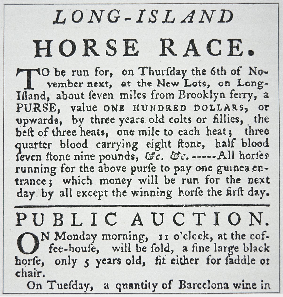 Kennisgeving van een paardenrace op Long Island, uit Rivington