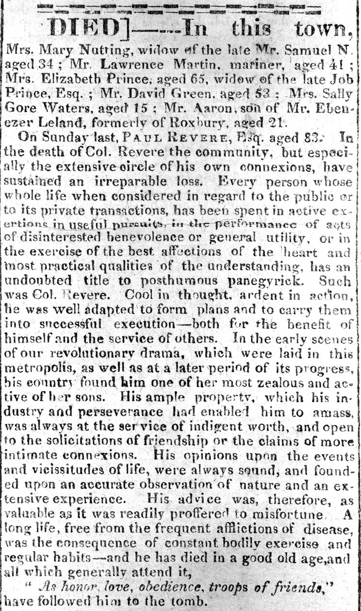 Overlijdenspagina uit de Boston Intelligencer, 16 mei 1818 door American School