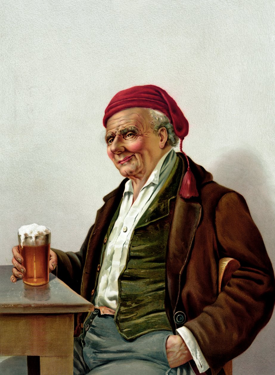 Oude man met een bier in een kroeg door American School