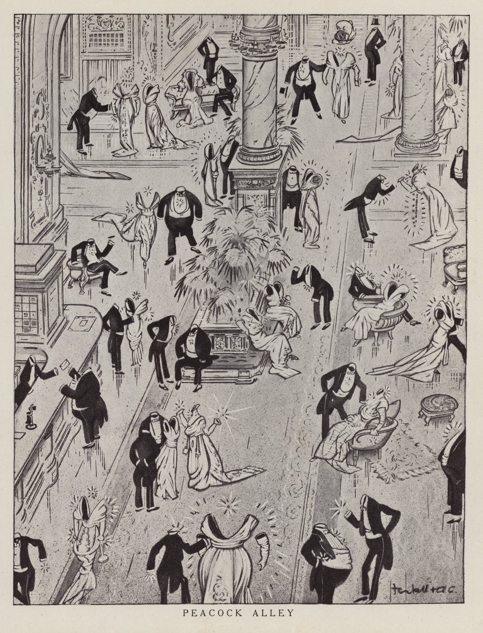 Peacock Alley, spotprent met de opzichtige mode van die tijd (litho) door American School
