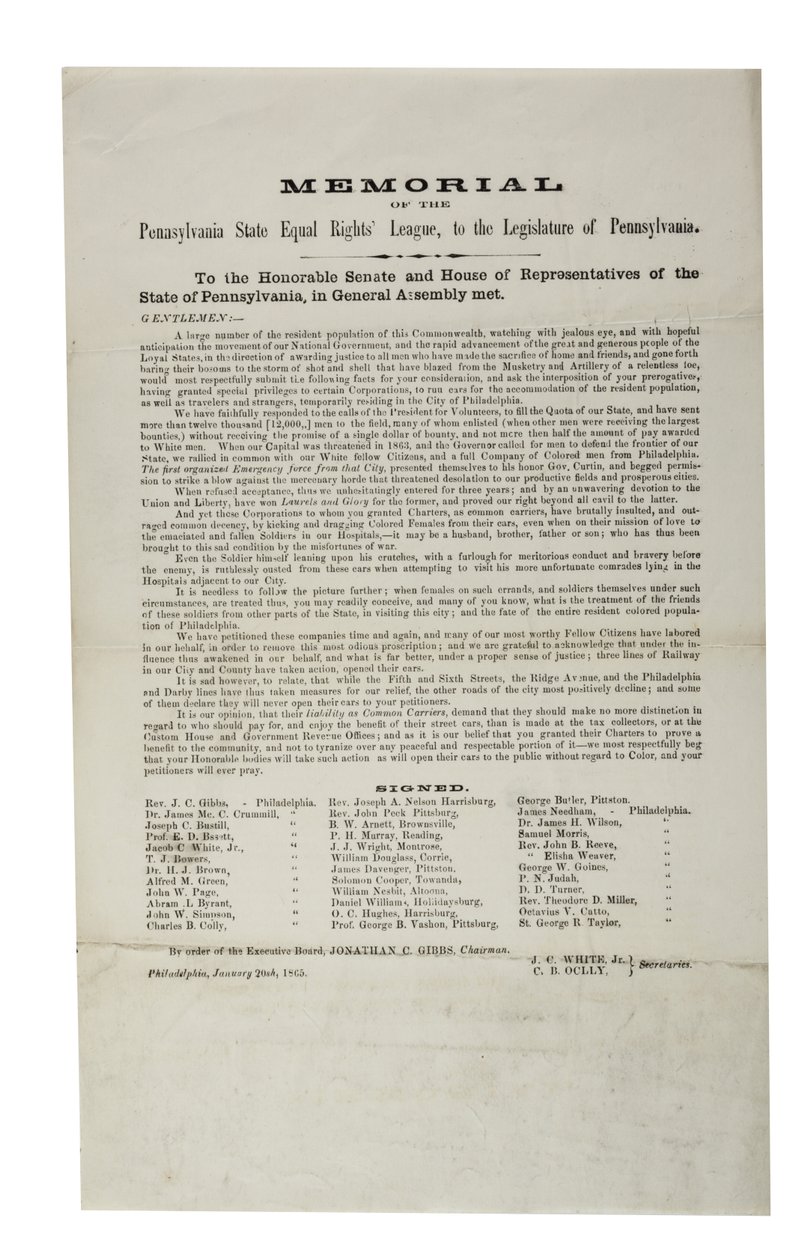 Pennsylvania State Equal Rights League, Memorial van de Pennsylvania State Equal Rights League, aan de wetgevende macht van Pennsylvania, 20 januari 1865 door American School