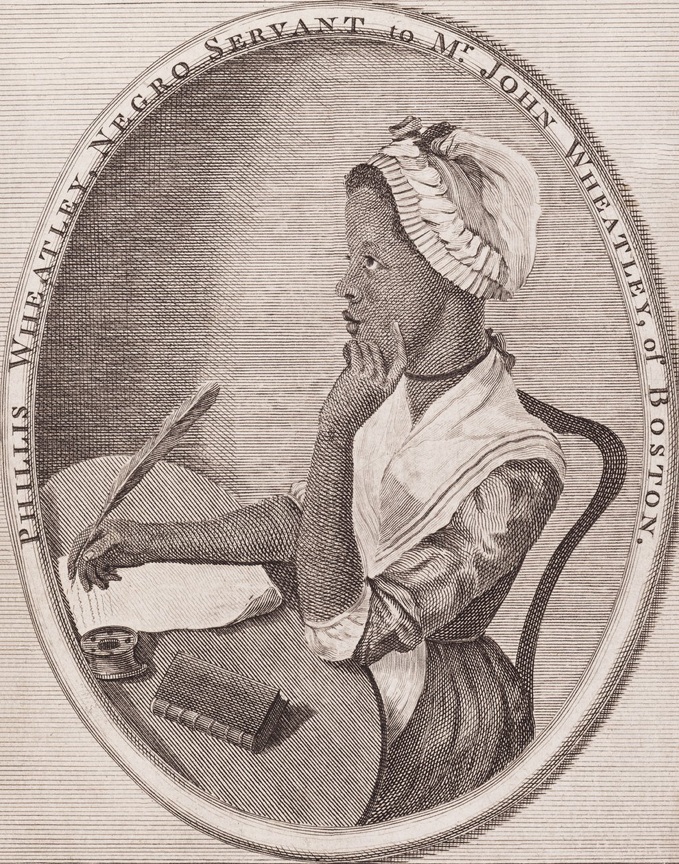 Philiis Wheatley (1753-1784). Afro-Amerikaanse dichteres. Gegraveerd frontispice van haar "Poems" (Gedichten), 1773. door American School