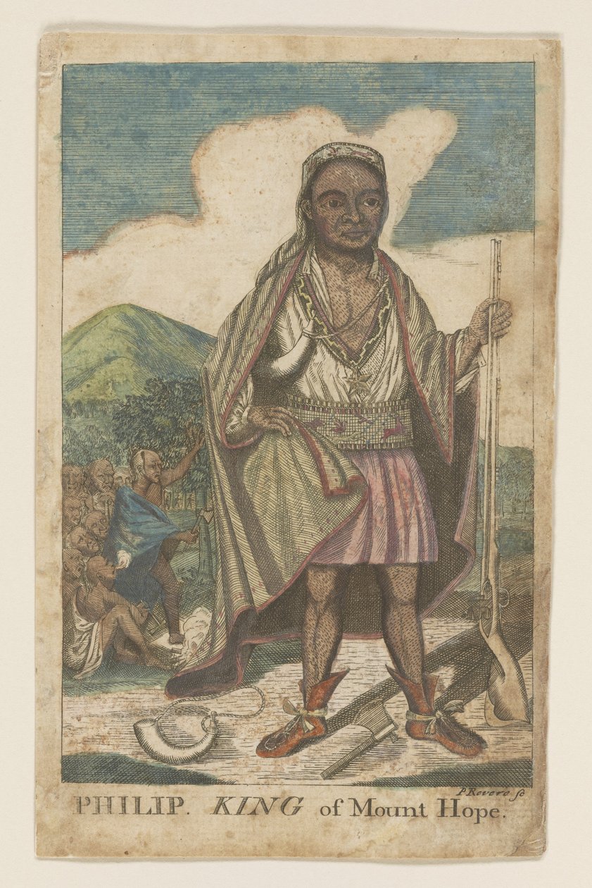 Phillip, koning van Mount Hope, pub. 1772 (handgekleurde gravure) door American School