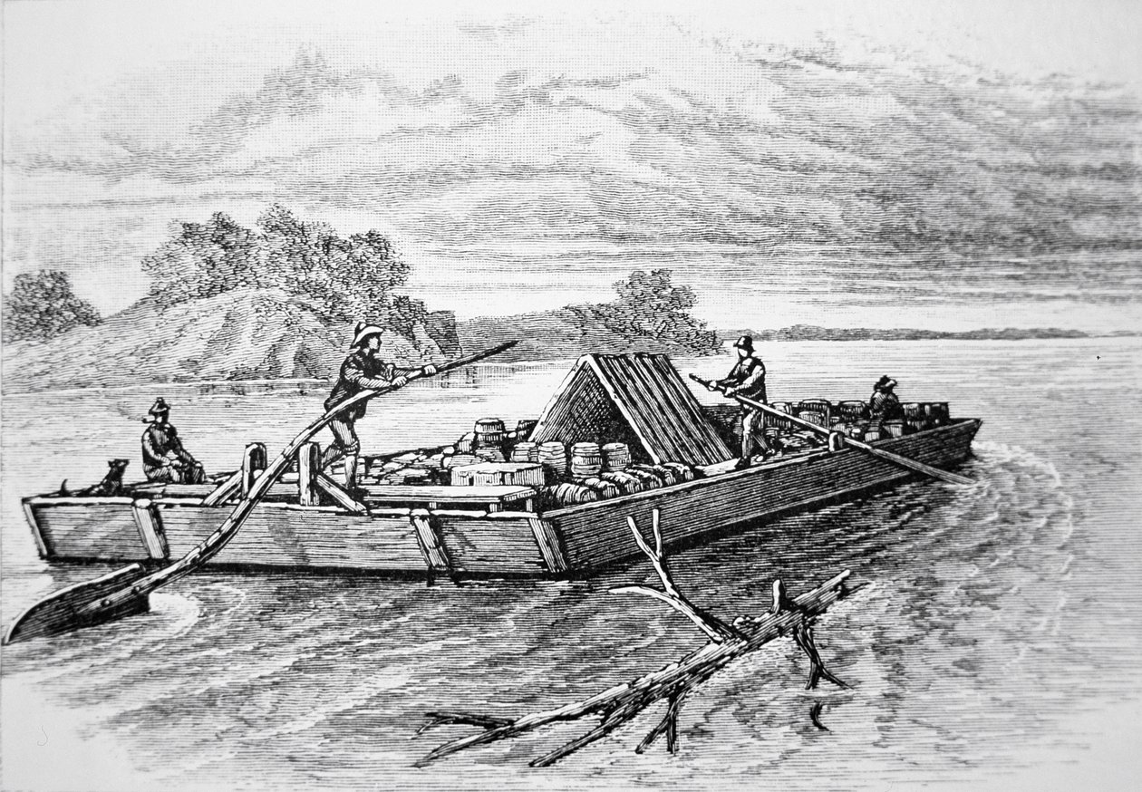Pioniersvlot op de Mississippi rivier, c. 1840 (gravure) door American School