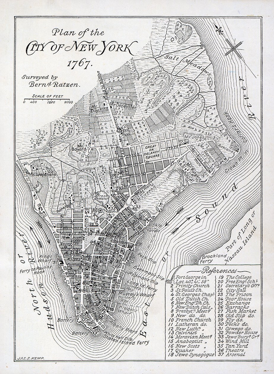 Plan van de stad New York in 1767 door American School