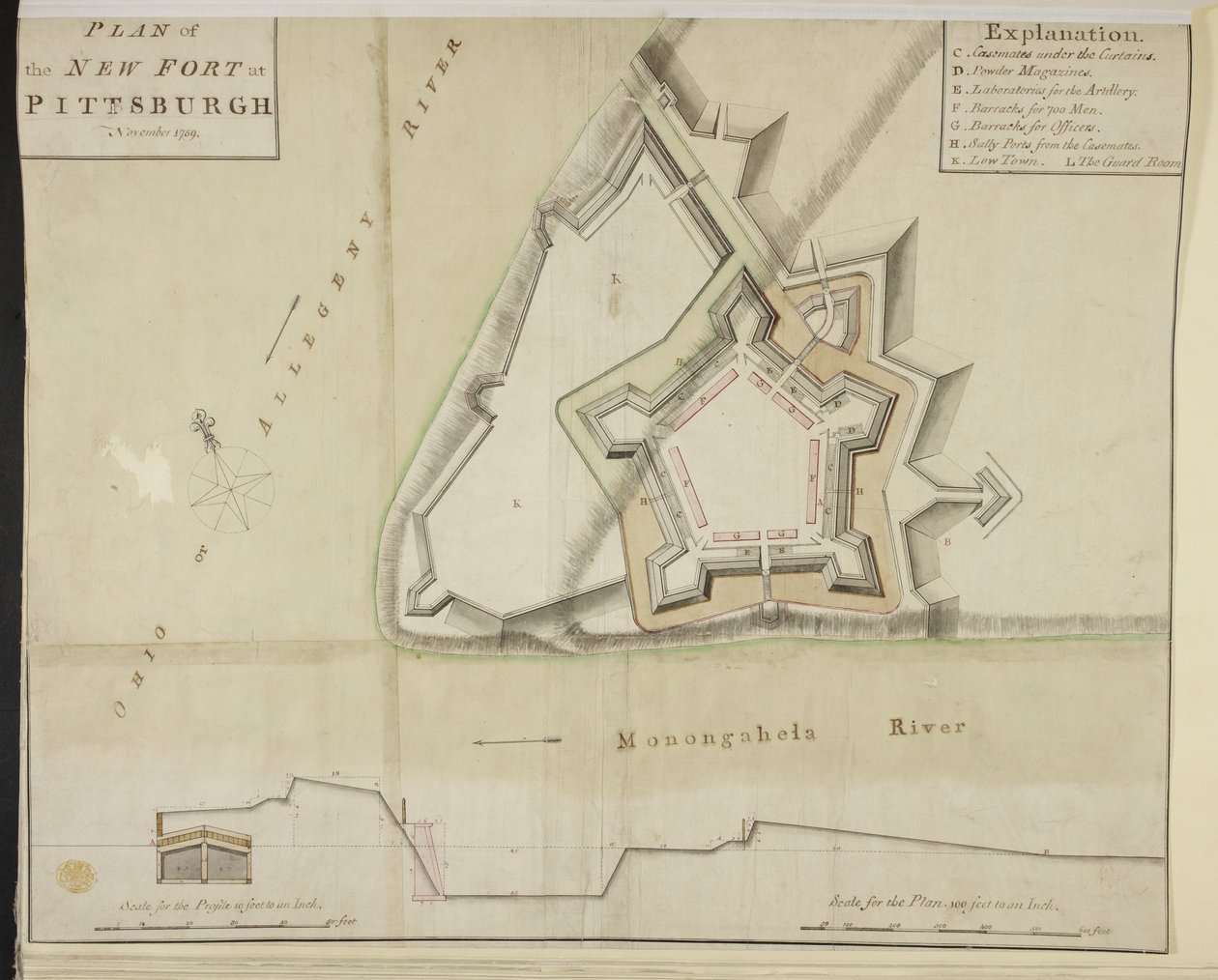 Plan van het nieuwe fort in Pittsburgh door American School