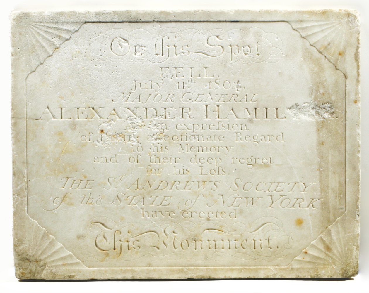 Plaquette voor het cenotaaf dat de plek markeert waar Alexander Hamilton dodelijk gewond raakte tijdens een duel met Aaron Burr, ca. 1805 door American School