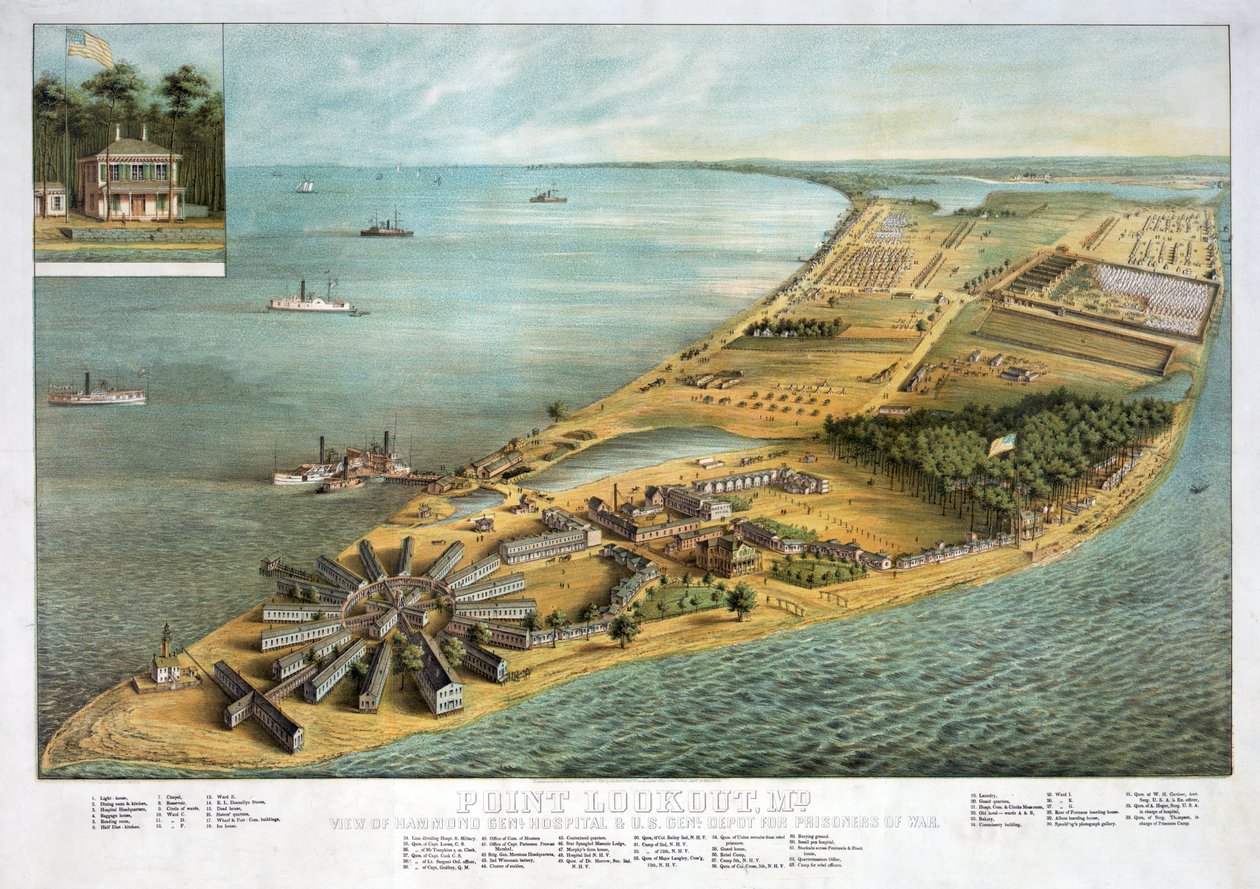 Point Lookout, MD - Uitzicht op Hammond General Hospital en U.S. General Depot voor Krijgsgevangenen, uitgegeven 1864 door American School