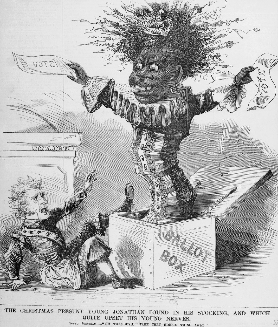 Politieke cartoon die president Andrew Jackson (1767-1845) afbeeldt die bang is voor het vooruitzicht van de zwarte stem in Amerika door American School