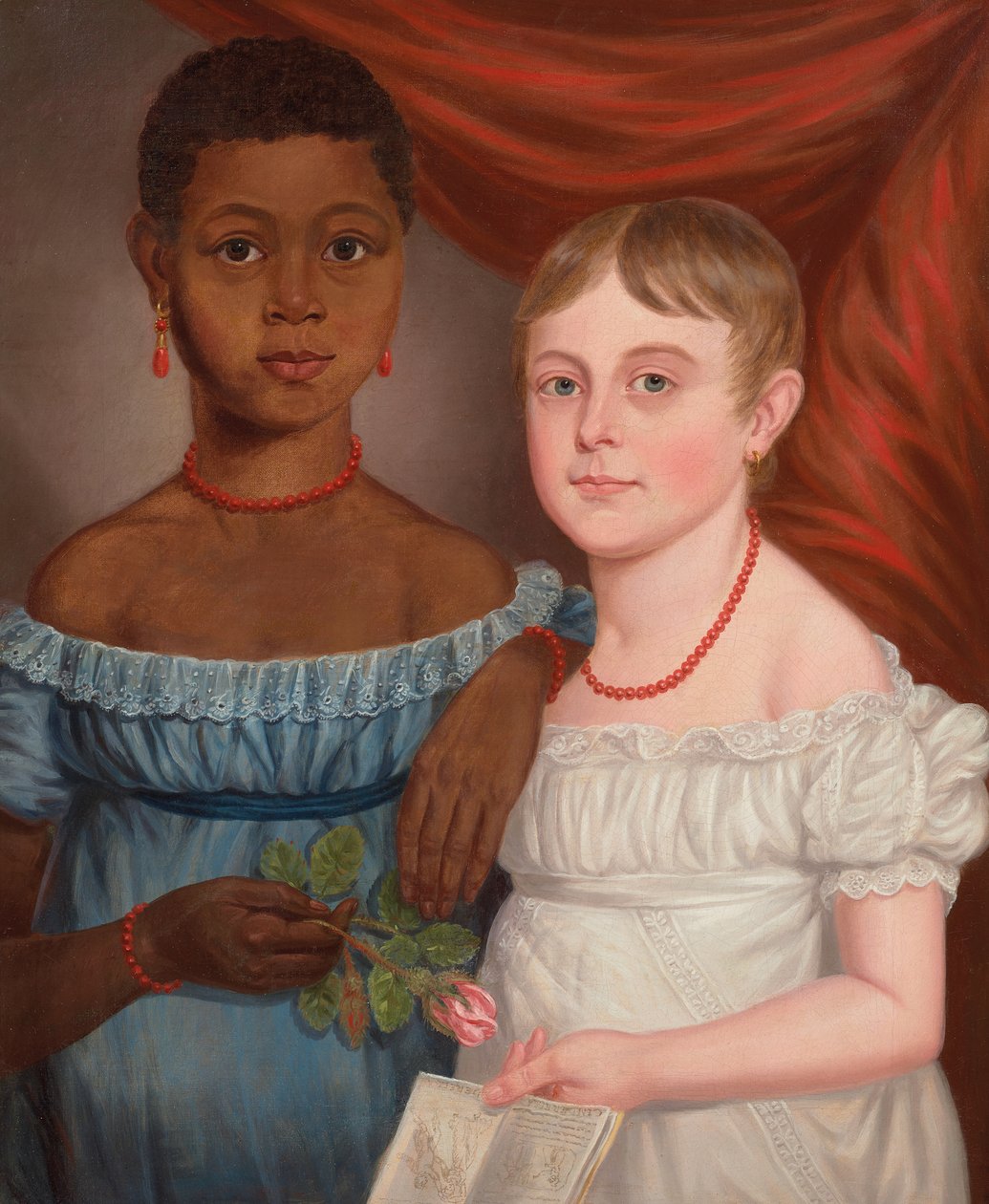 Portret van twee meisjes, vroeg 19e eeuw (olieverf op doek) door American School