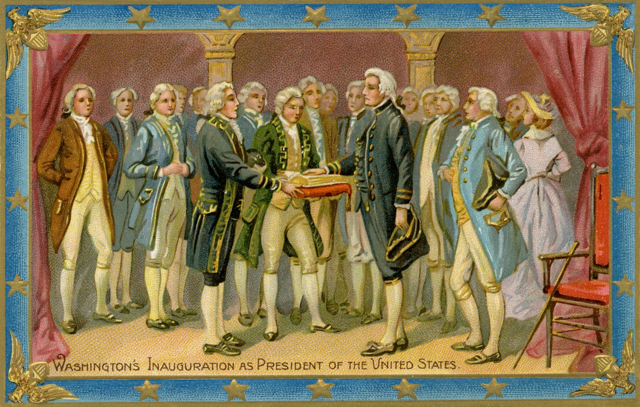 Ansichtkaart met de presidentiële inauguratie van George Washington (prent) door American School