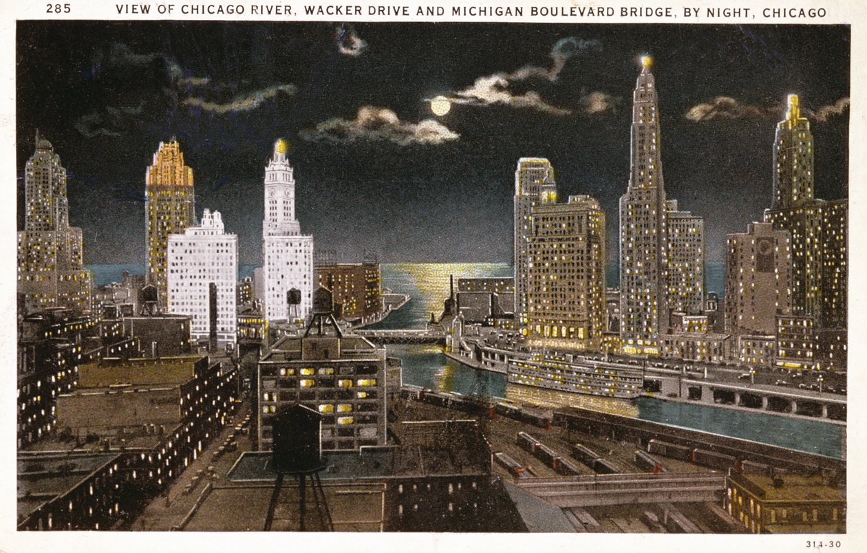 Ansichtkaart van Chicago bij nacht, c.1930 door American School