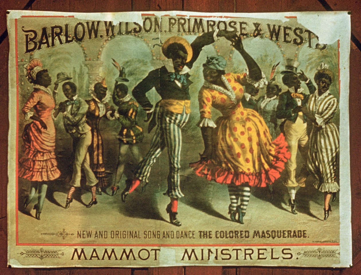 Poster die Barlow, Wilson, Primrose en Wests Mammot Minstrels Colored Masquerade adverteert door American School