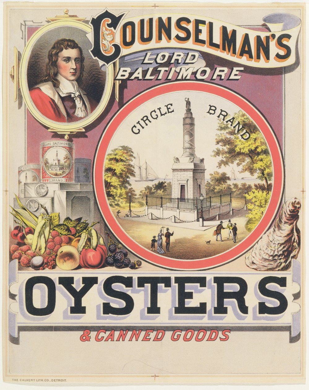 Poster die Counselmans Lord Baltimore Circle Brand Oysters en ingeblikte goederen adverteert door American School