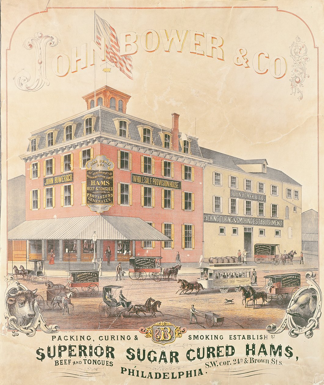 Poster die John Bower & Co. Superior Sugar Cured Hams adverteert door American School