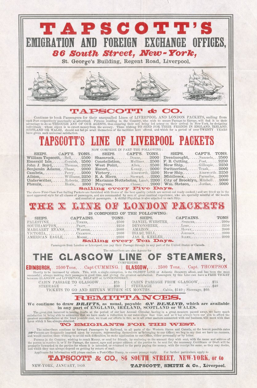 Poster die Tapscotts Emigration and Foreign Exchange Offices adverteert, New York, januari 1859 door American School