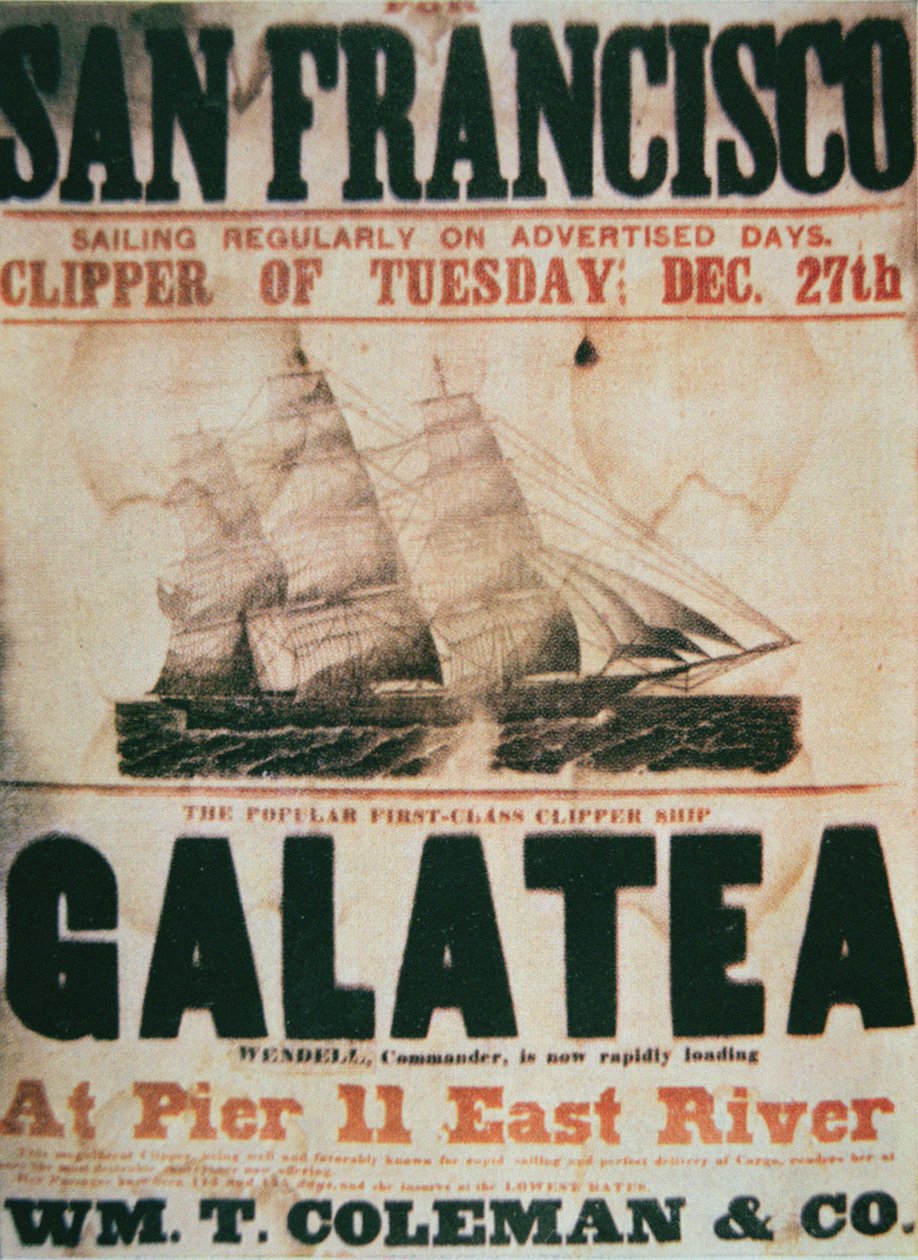 Poster die de New York naar San Francisco route van het clipper schip 