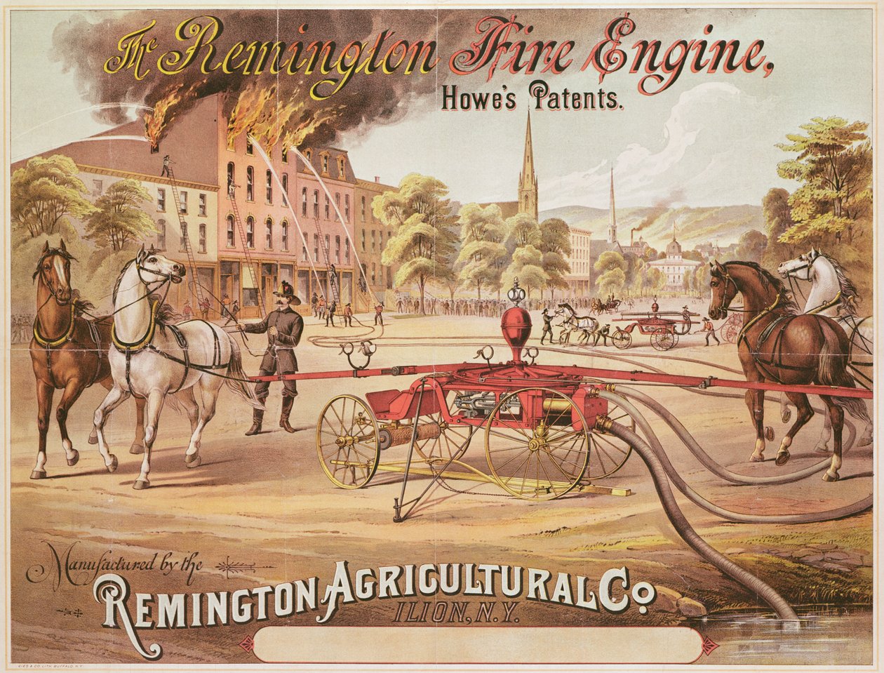 Poster ter promotie van de Remington Fire Engine vervaardigd door de Remington Agricultural Company, c.1890 door American School