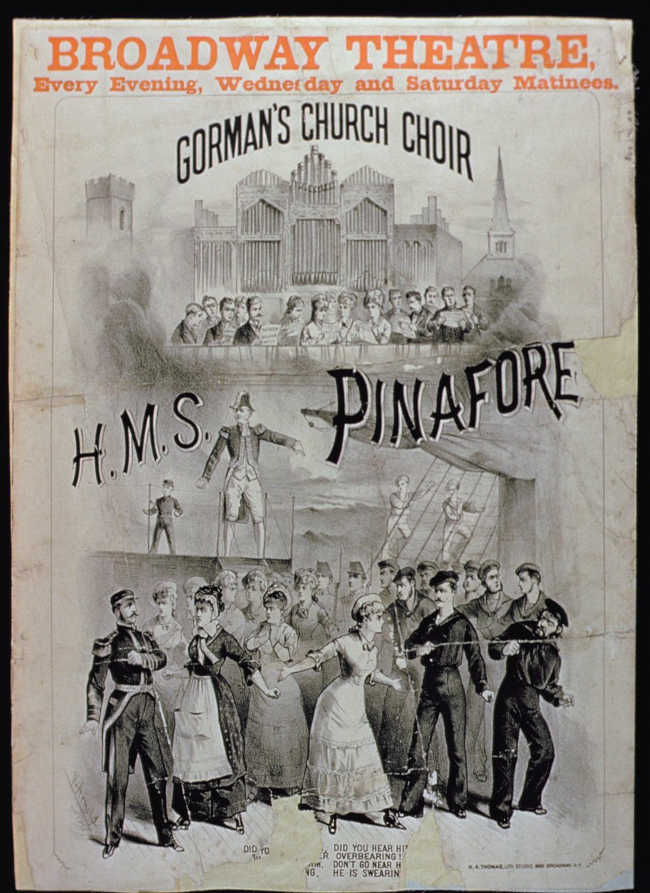 Poster voor HMS Pinafore, uitgevoerd door Gormans Church Choir in het Broadway Theatre door American School