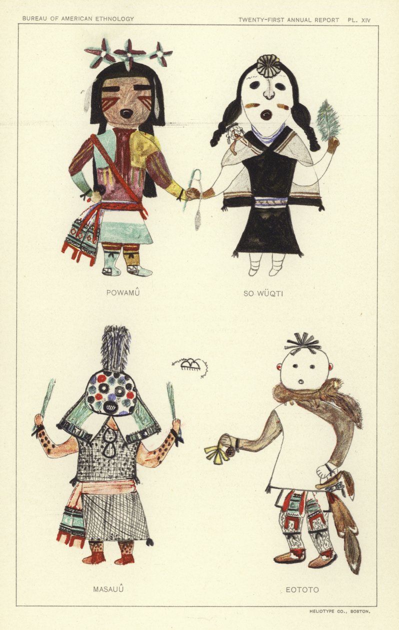Powamu, So Wuqti, Masauu, Eototo (kleurenlitho) door American School