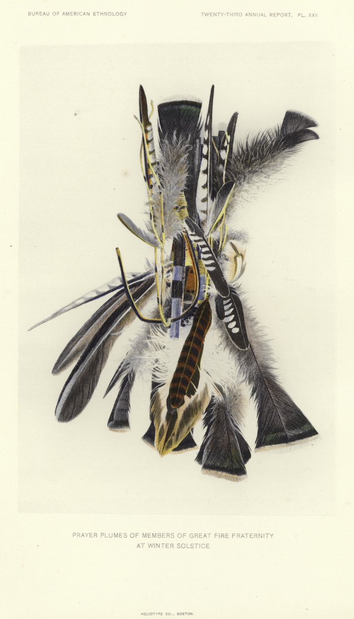 Gebedspluimen van leden van de grote vuurbroederschap tijdens de winterzonnewende (kleurenlitho) door American School