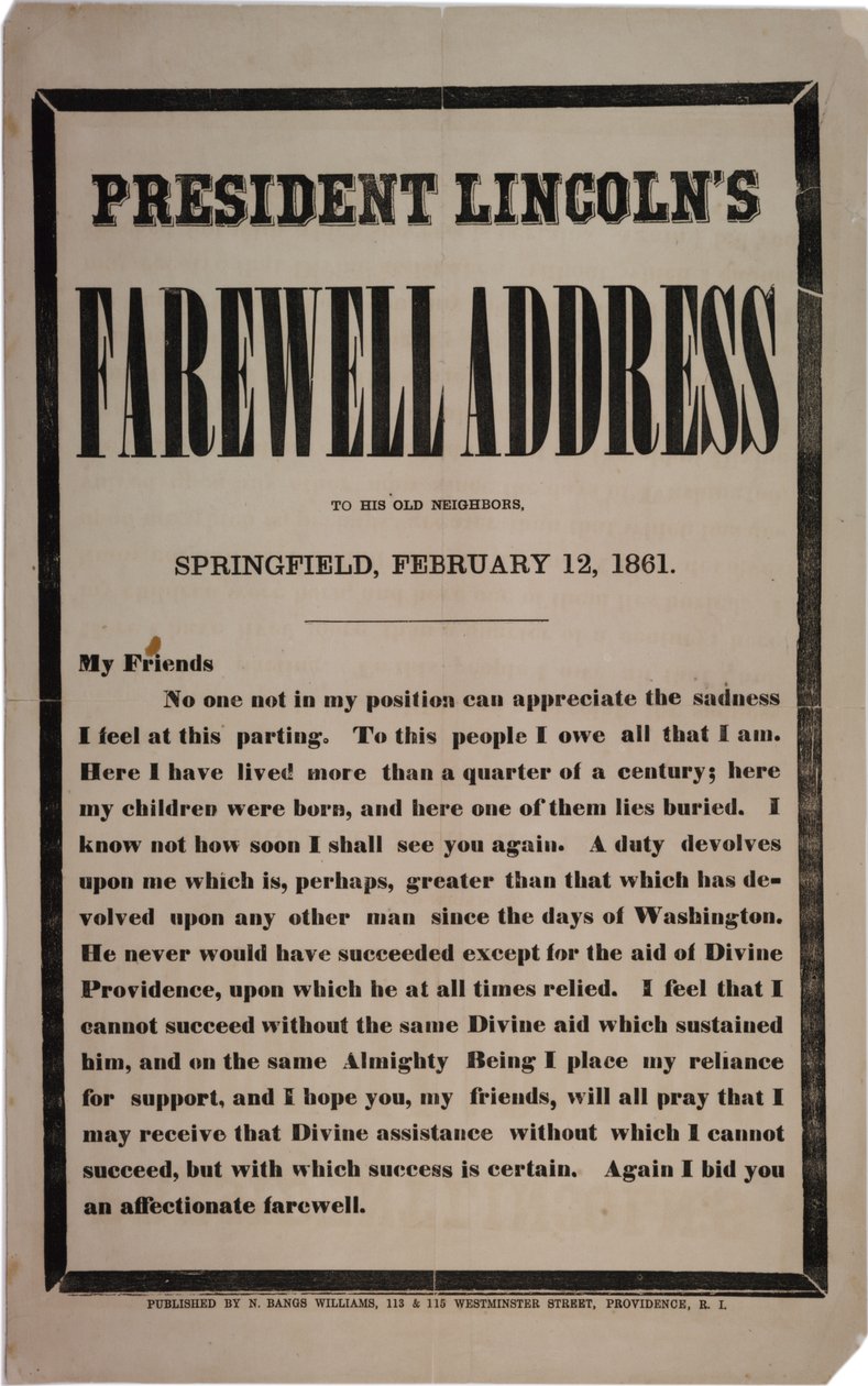 President Lincolns afscheidsrede aan zijn oude buren, Springfield, 12 februari 1861 door American School